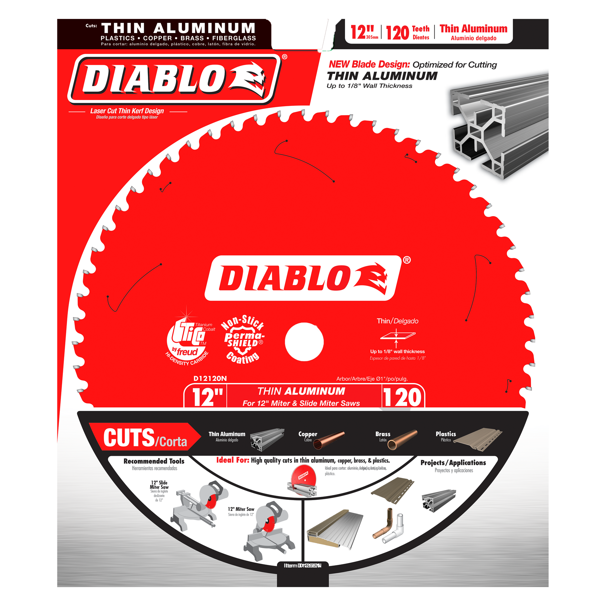 Red circular saw blade with 120 teeth, labeled "Diablo 12" Thin Aluminum," designed for cutting aluminum and plastics.