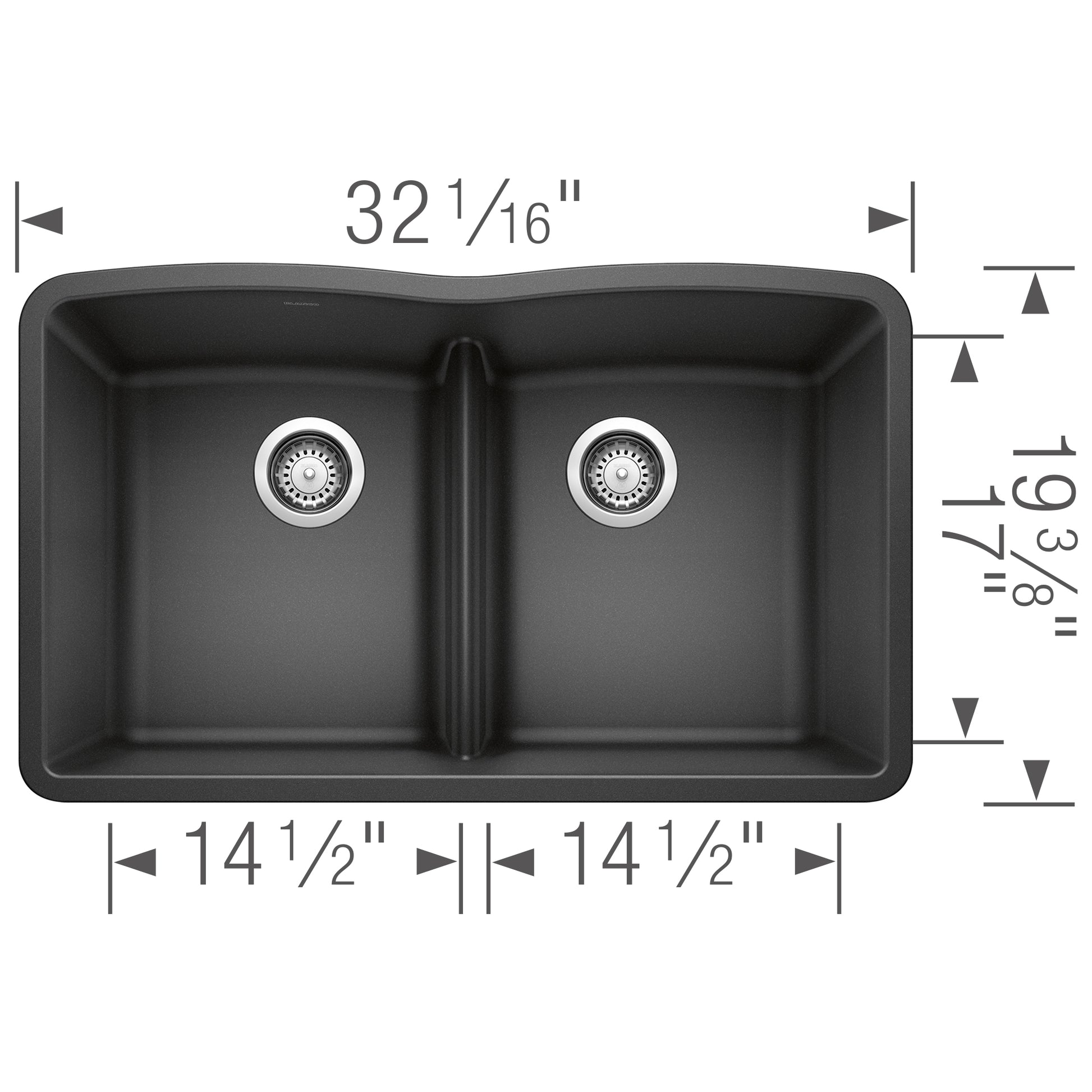 Anthracite double bowl undermount sink with equal-sized basins, low divider, and stainless steel drains.