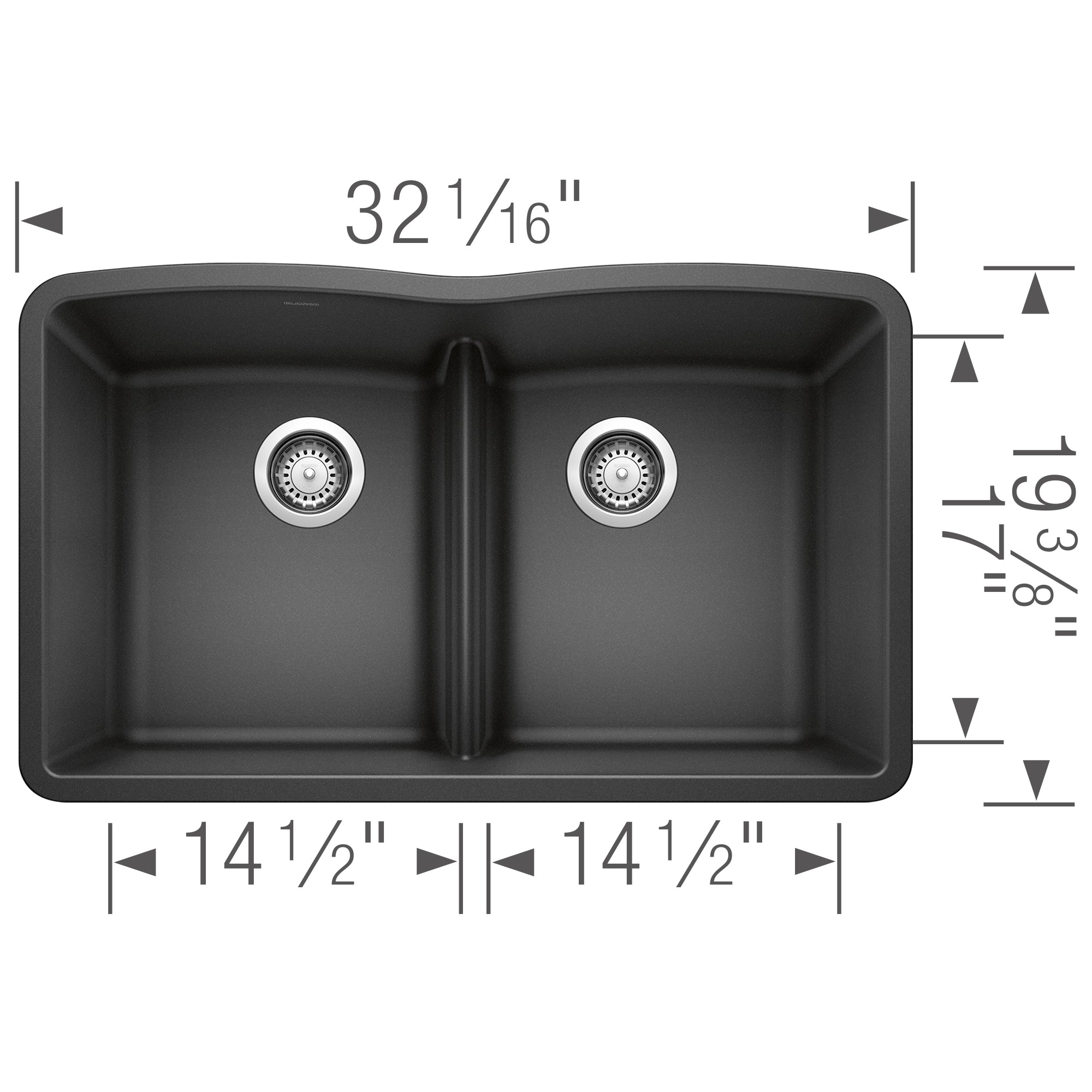 Anthracite double bowl undermount sink with equal-sized basins, low divider, and stainless steel drains.