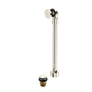 Polished nickel freestanding bathtub drain with vertical pipe, wall-mounted control lever, and brass foot assembly.