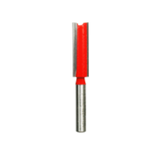 Red and silver router bit with straight cutting edge and two flutes for woodworking.