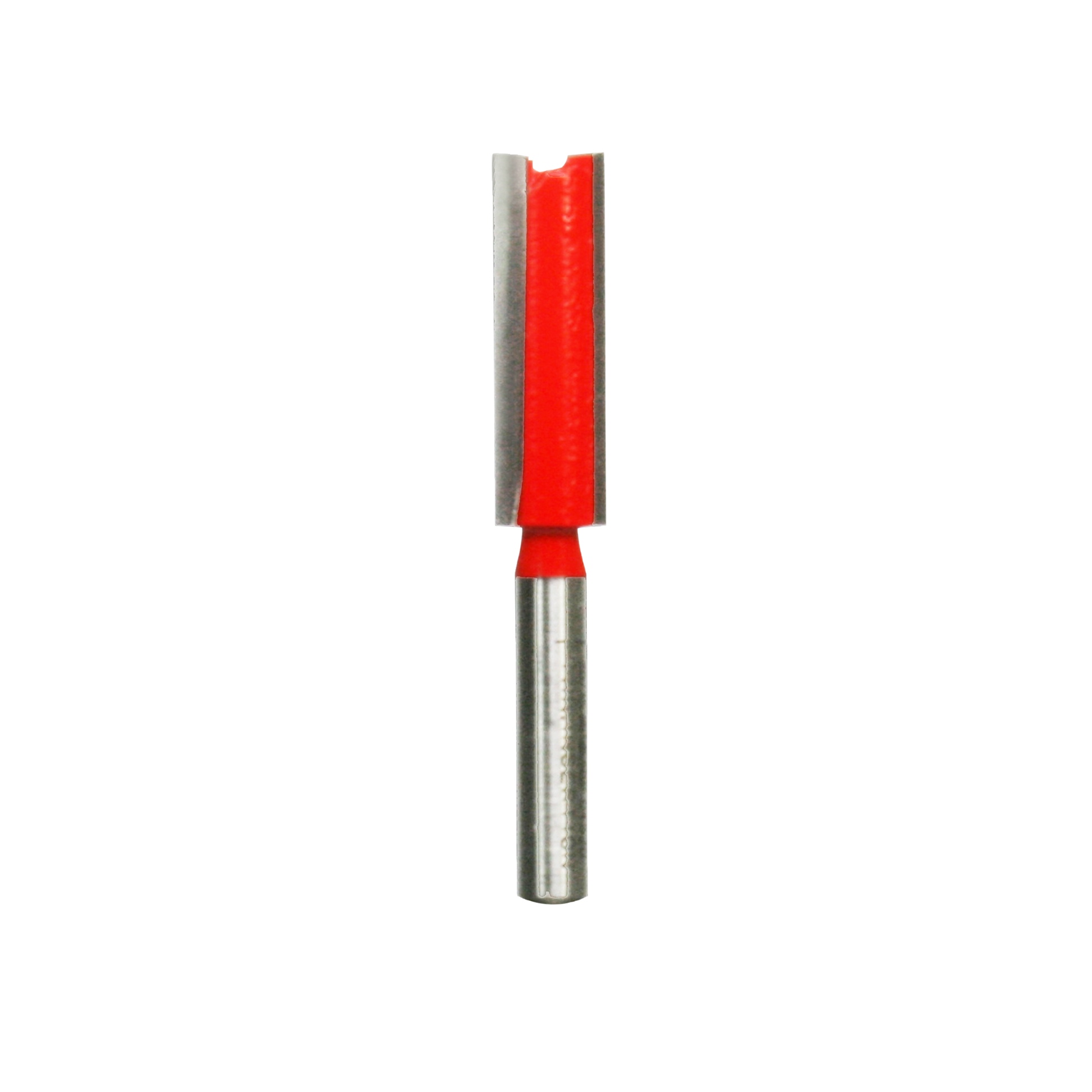 Red and silver router bit with straight cutting edge and two flutes for woodworking.
