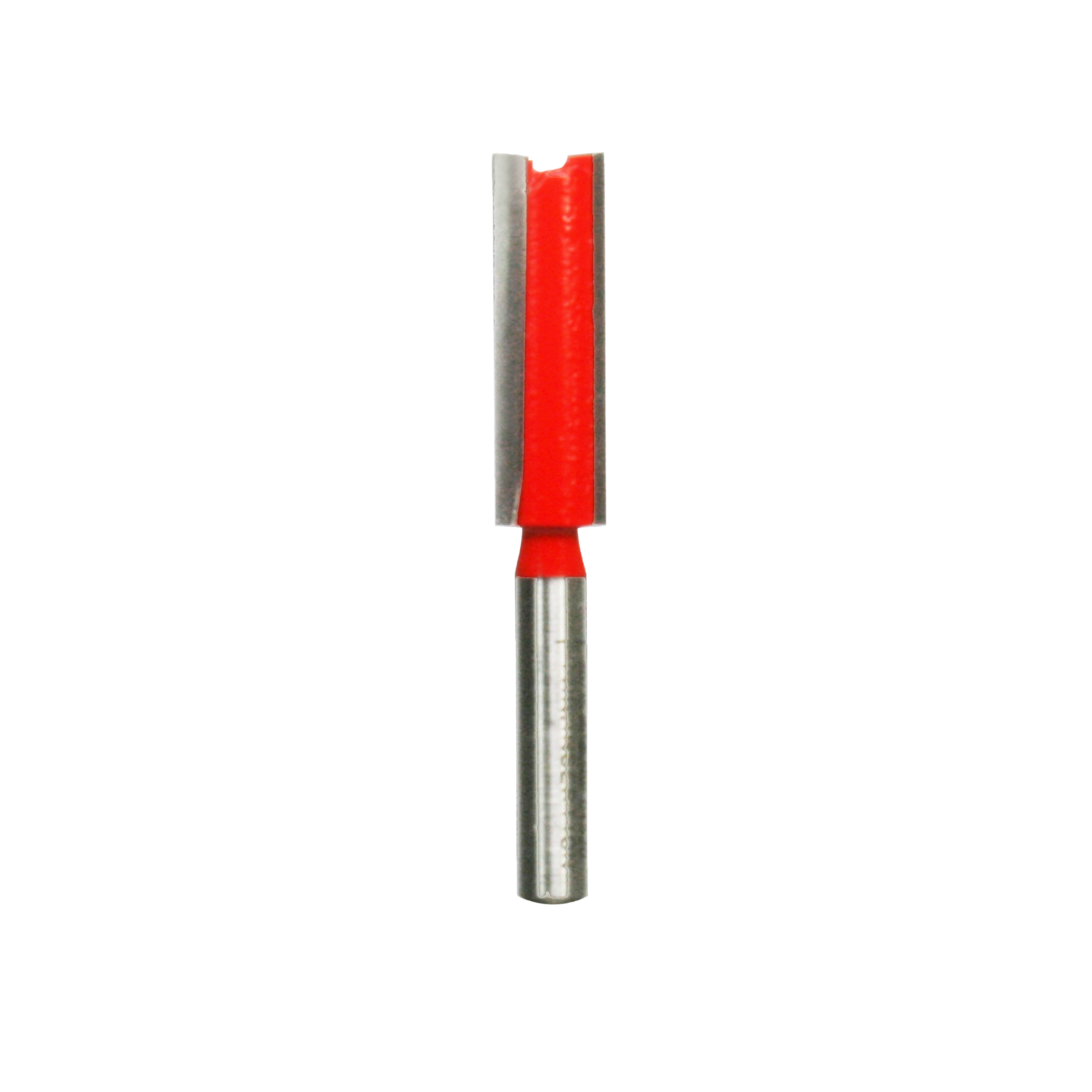 Red and silver router bit with straight cutting edge and two flutes for woodworking.