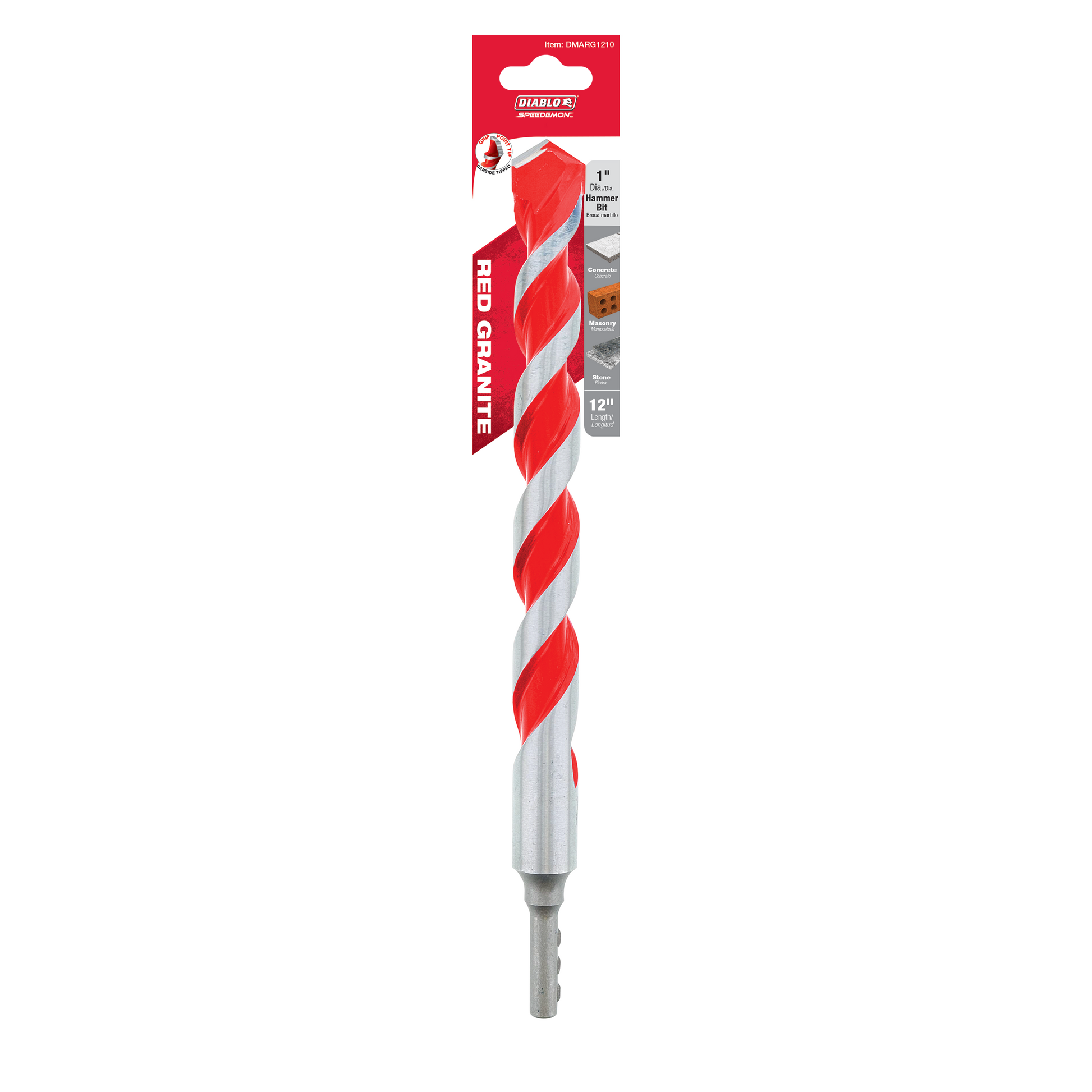 Red and gray spiral hammer drill bit with carbide tip and Diablo packaging label.
