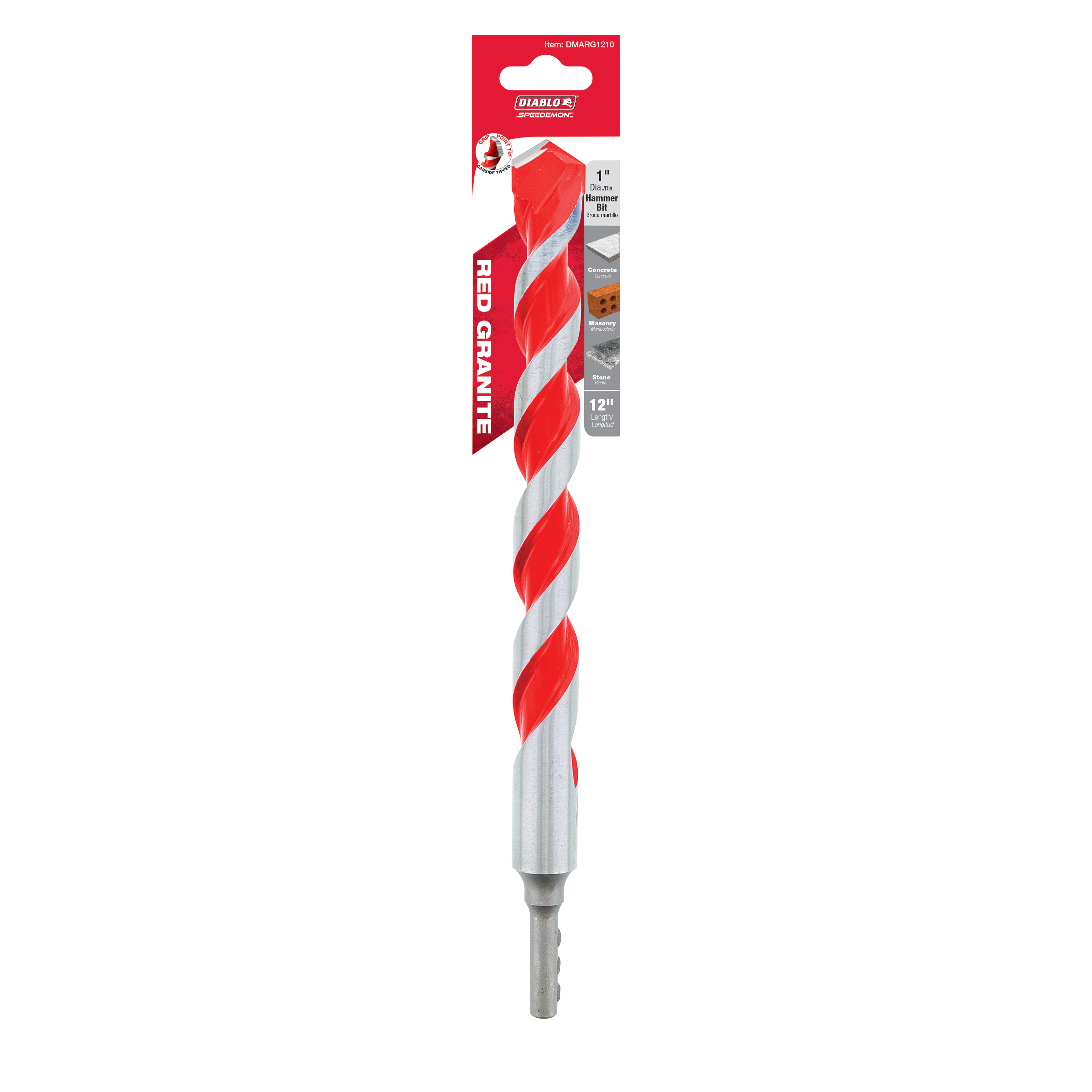 Red and gray spiral hammer drill bit with carbide tip and Diablo packaging label.