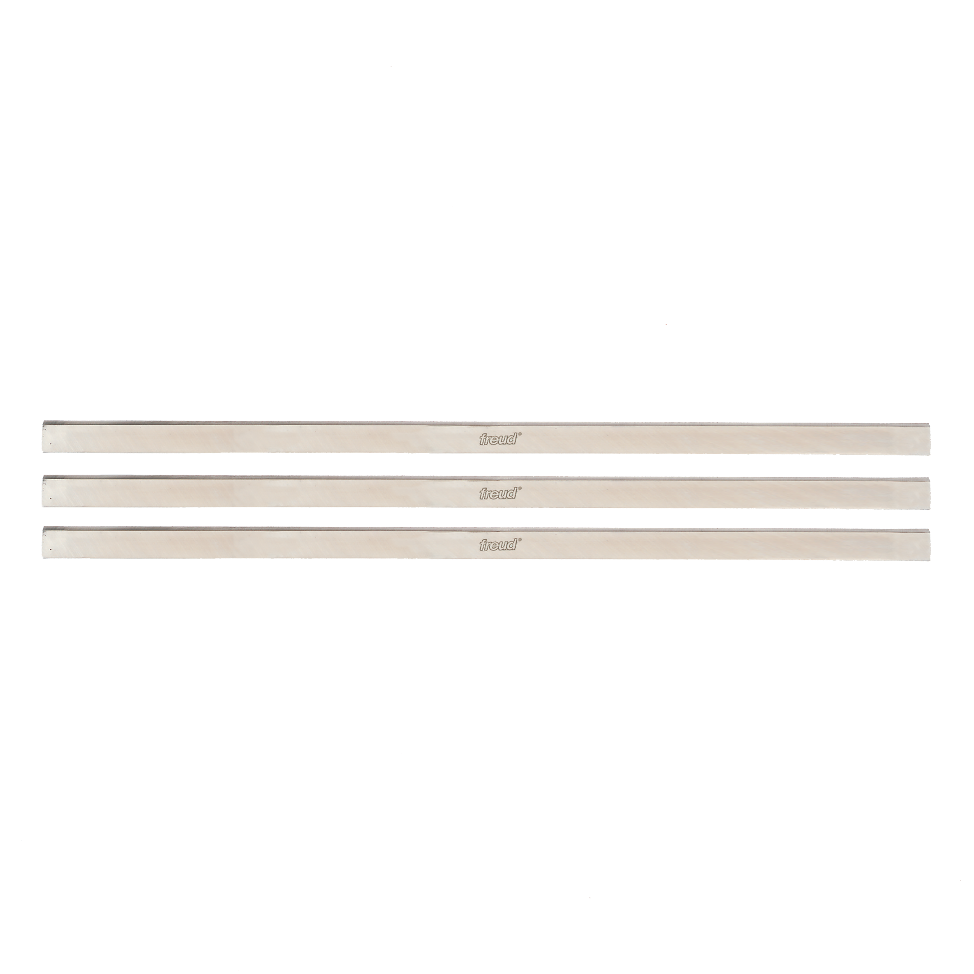Three long, straight metal planer knives with "Freud" branding stamped on each blade.