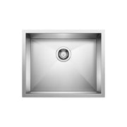 Stainless steel single bowl sink with drain strainer, viewed from above.