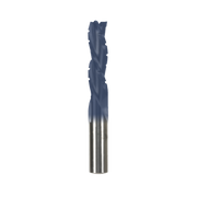 Dark blue and metallic spiral drill bit with twisted flutes and a pointed tip.