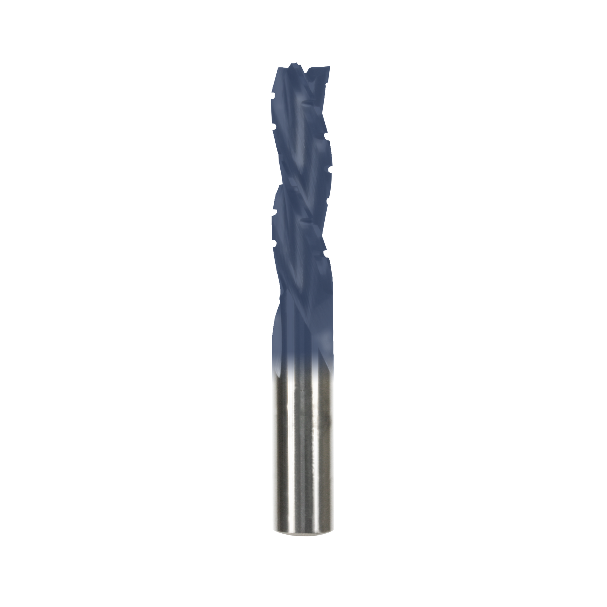 Dark blue and metallic spiral drill bit with twisted flutes and a pointed tip.
