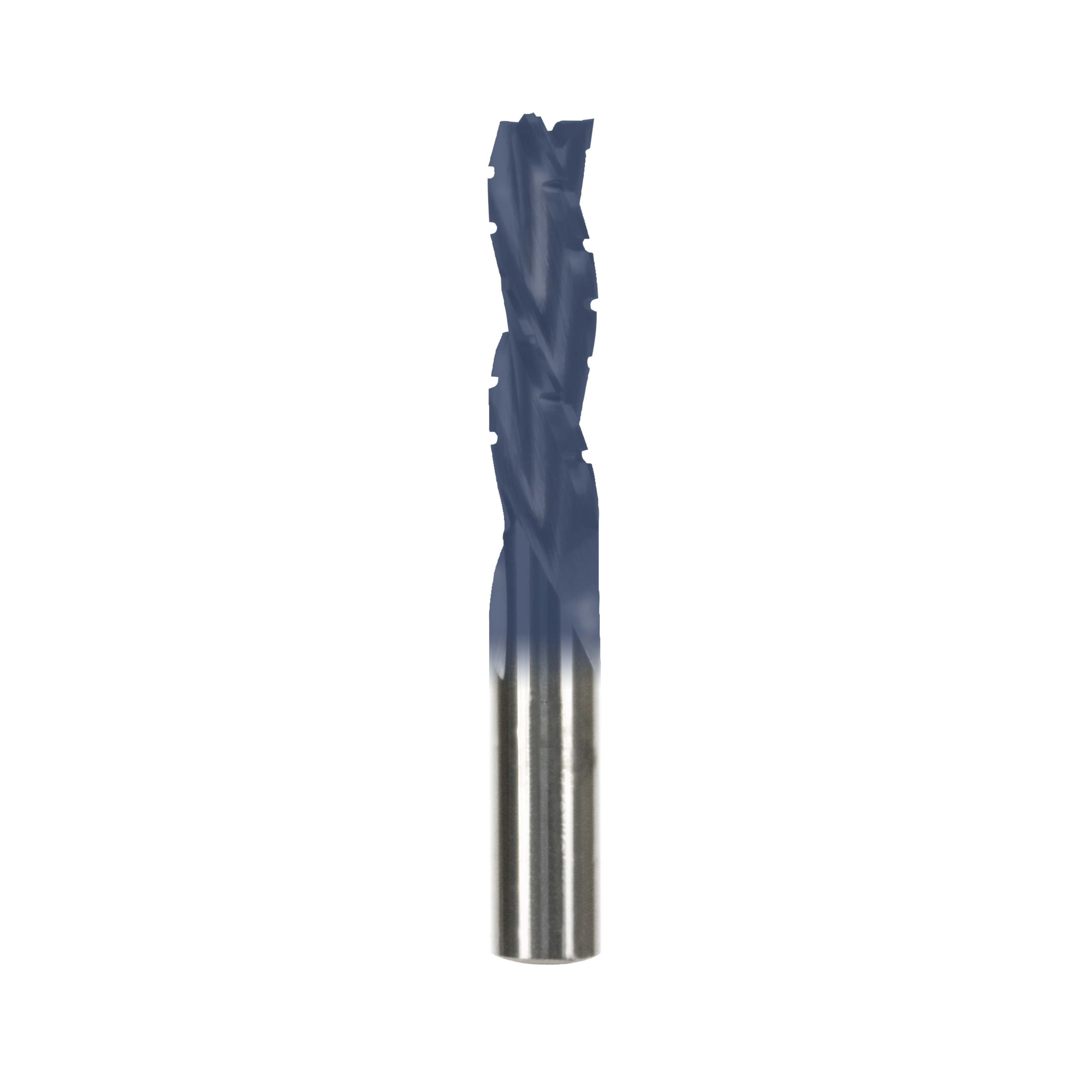 Dark blue and metallic spiral drill bit with twisted flutes and a pointed tip.