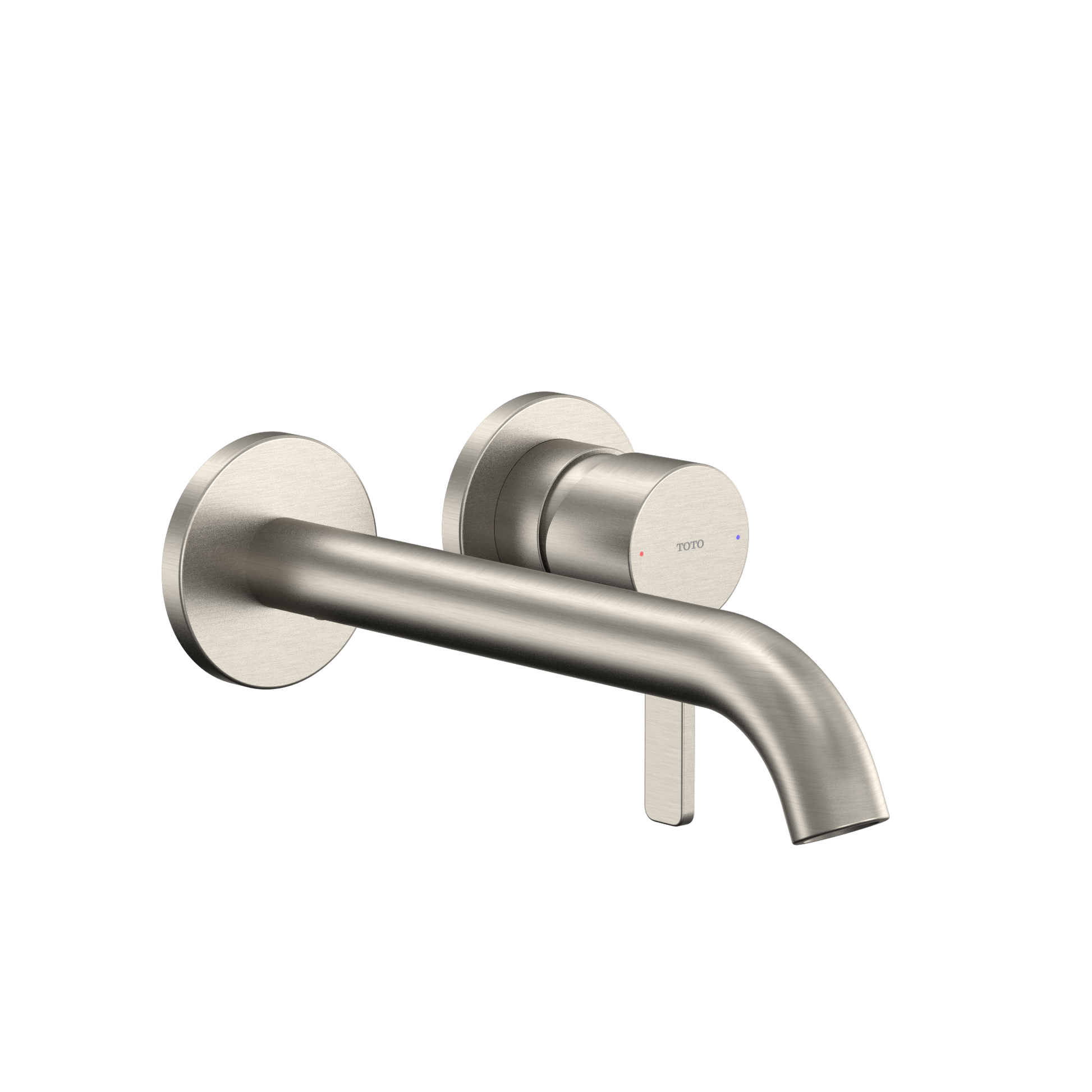 Brushed nickel wall-mount bathroom faucet with single handle and curved spout.