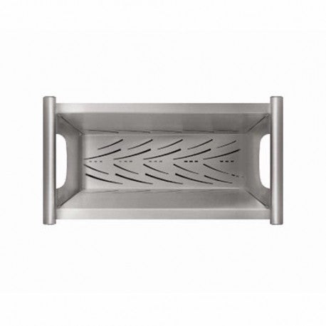 Stainless steel colander with slotted bottom, side handles, and rectangular basin for 15-inch sink.