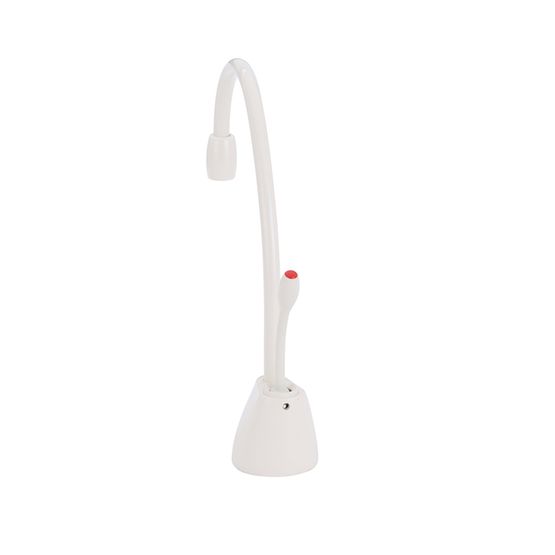 Biscuit-colored instant hot water dispenser faucet with curved spout, red control button, and base unit.