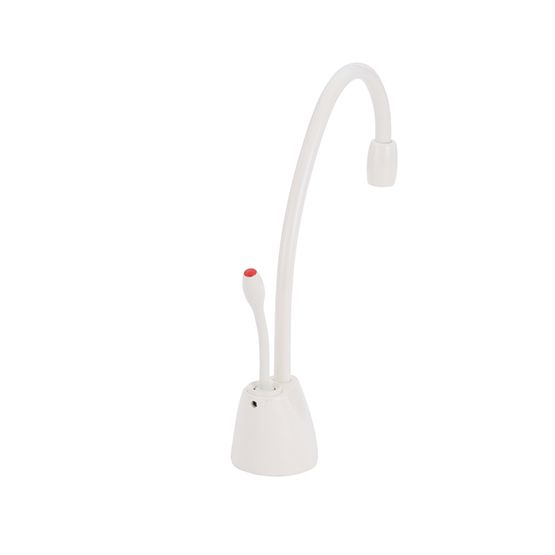 Biscuit-colored instant hot water dispenser faucet with curved spout and control handle.