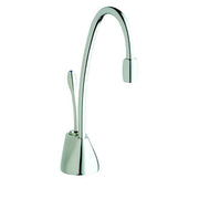 Chrome kitchen faucet with curved gooseneck spout and single lever handle.