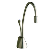 Satin nickel single-handle faucet with curved gooseneck spout and lever control on compact conical base.