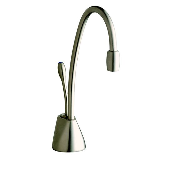 Satin nickel single-handle faucet with curved gooseneck spout and lever control on compact conical base.