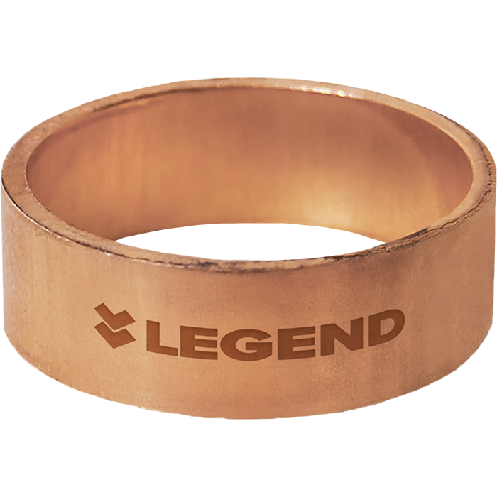 Copper crimp ring with "LEGEND" branding stamped on the cylindrical band.