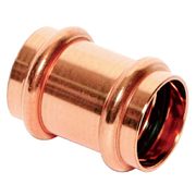 Copper press coupling with grip rings on both ends and open interior bore.