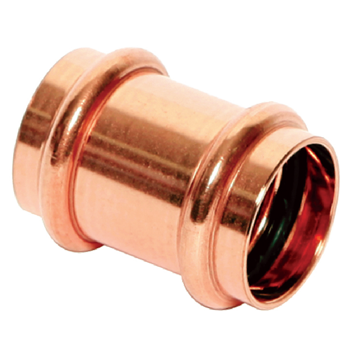 Copper press coupling with grip rings on both ends and open interior bore.