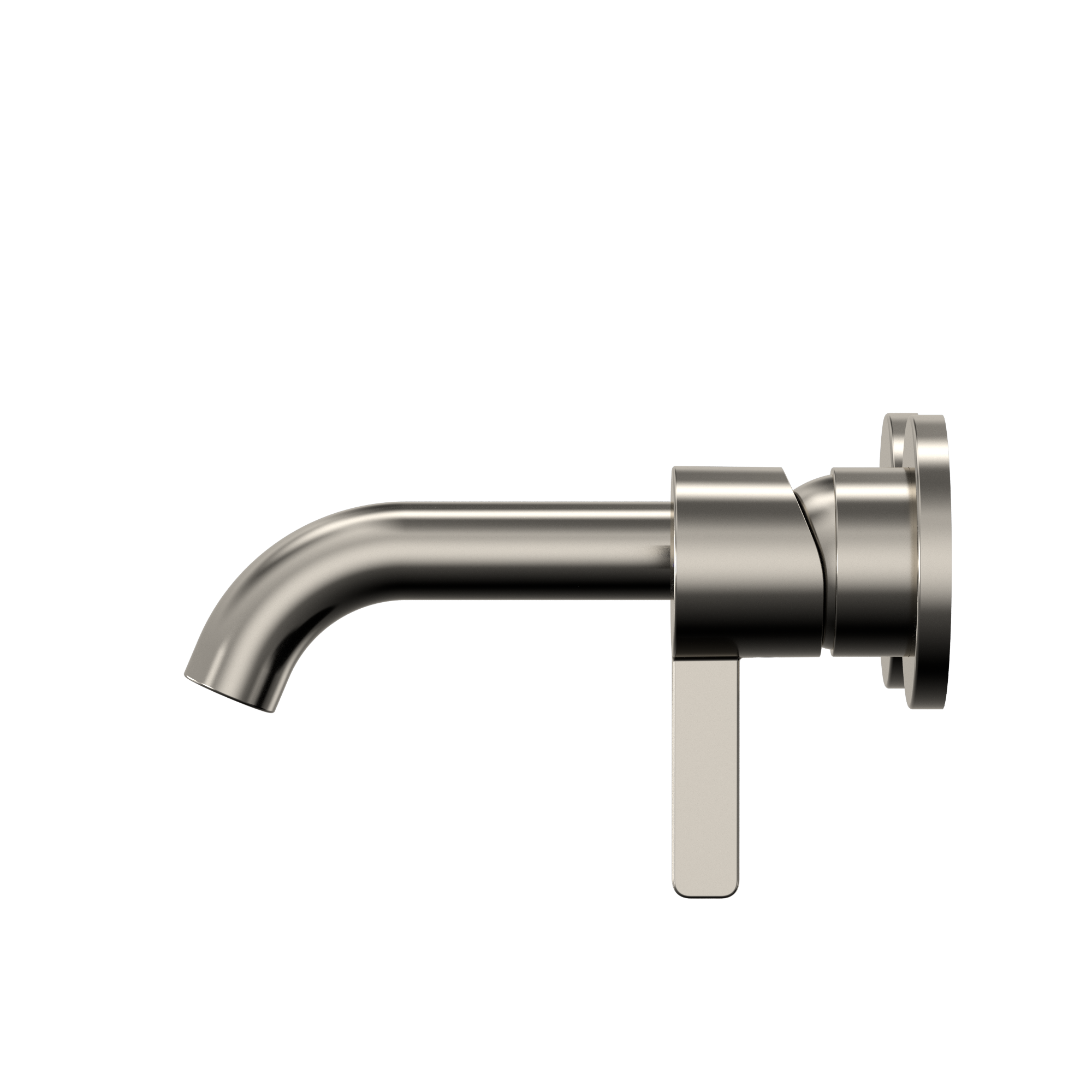 Polished nickel wall-mount bathroom faucet with curved spout and single lever handle.