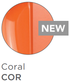 Coral-colored round shower head viewed from front, 8 inches in diameter.