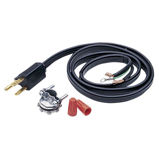 Black power cord with two-prong plug, switch, and red wire connectors for garbage disposal installation.
