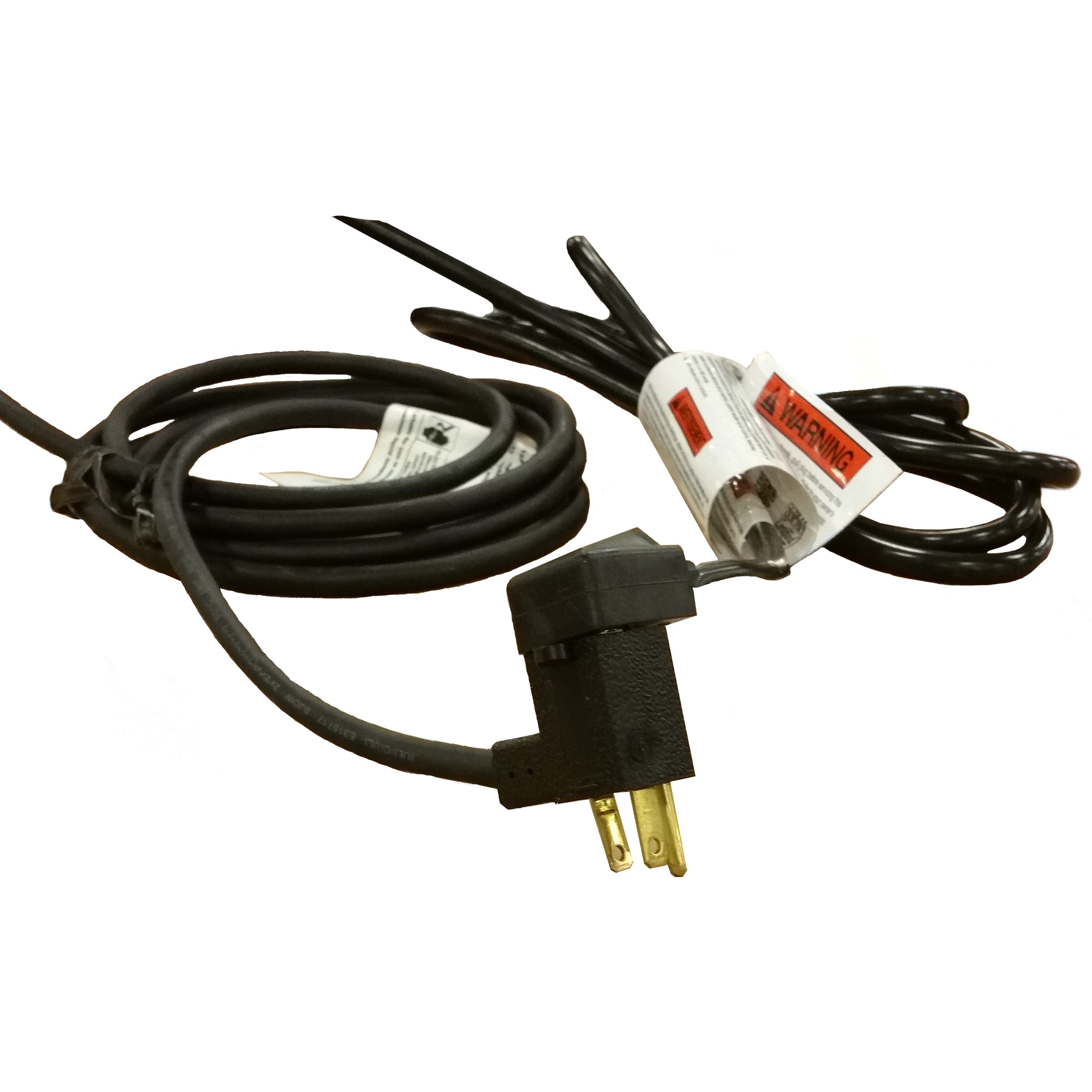 Black power cord with three-prong plug and white connector box with red label.