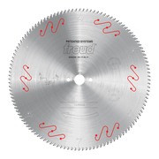 Freud LU5B22 circular saw blade with 400mm diameter, teeth around perimeter, central arbor hole, and red mechanical clamping 