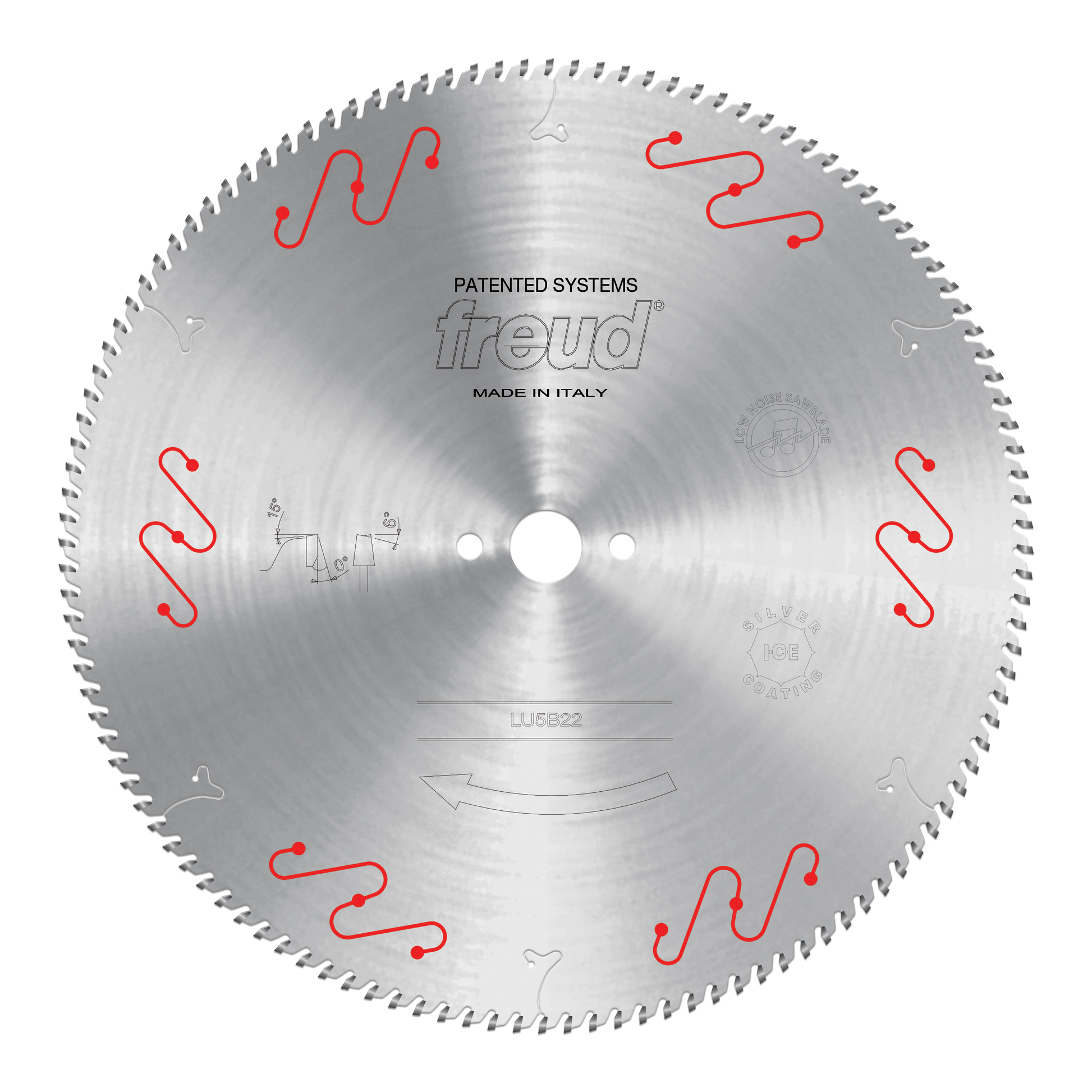 Freud LU5B22 circular saw blade with 400mm diameter, teeth around perimeter, central arbor hole, and red mechanical clamping 