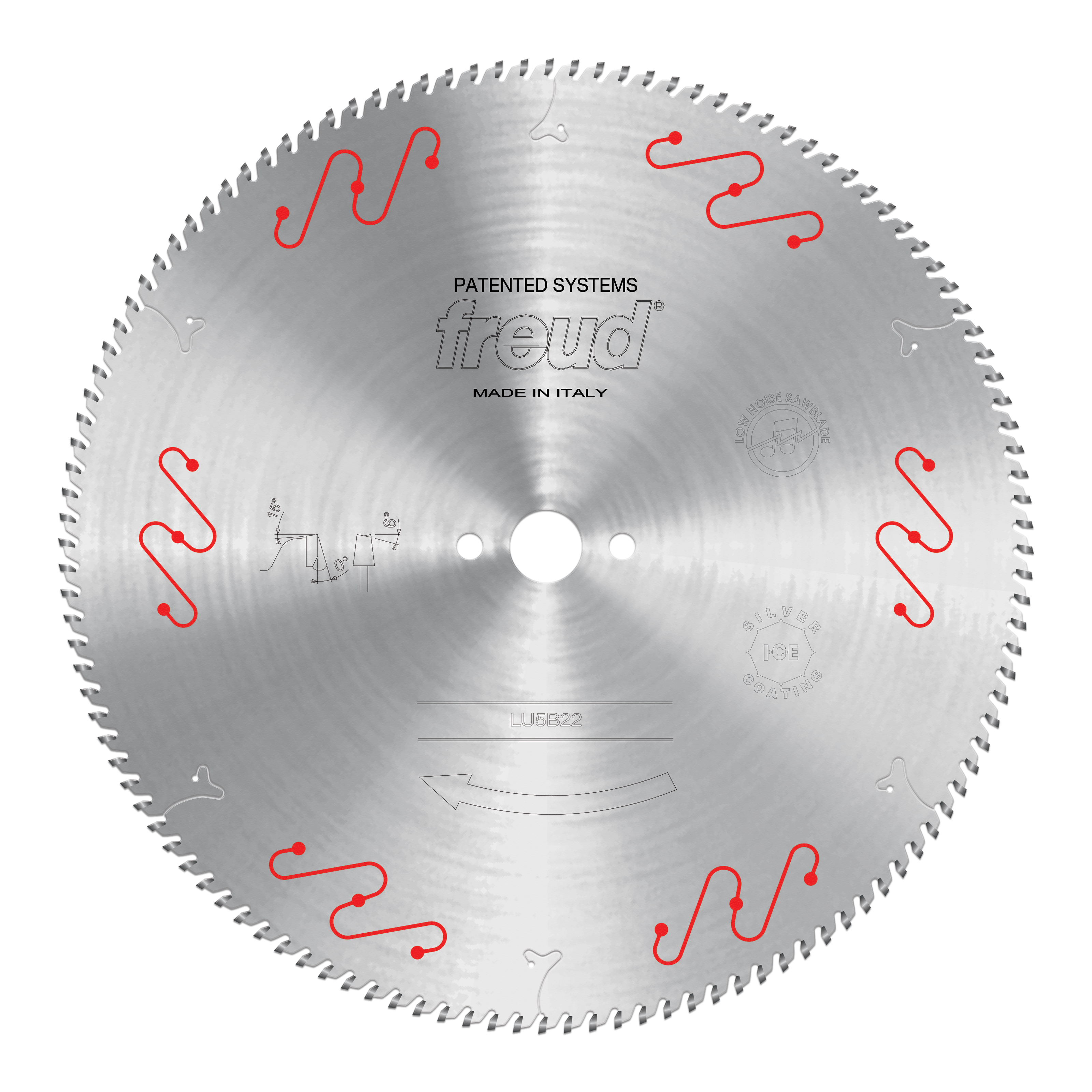 Freud LU5B22 circular saw blade with 400mm diameter, teeth around perimeter, central arbor hole, and red mechanical clamping 
