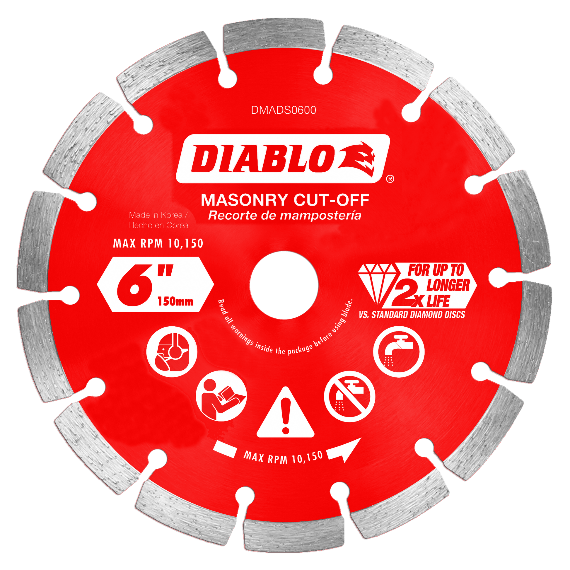 Red Diablo masonry cut-off disc with gray segmented diamond edge and center arbor hole.