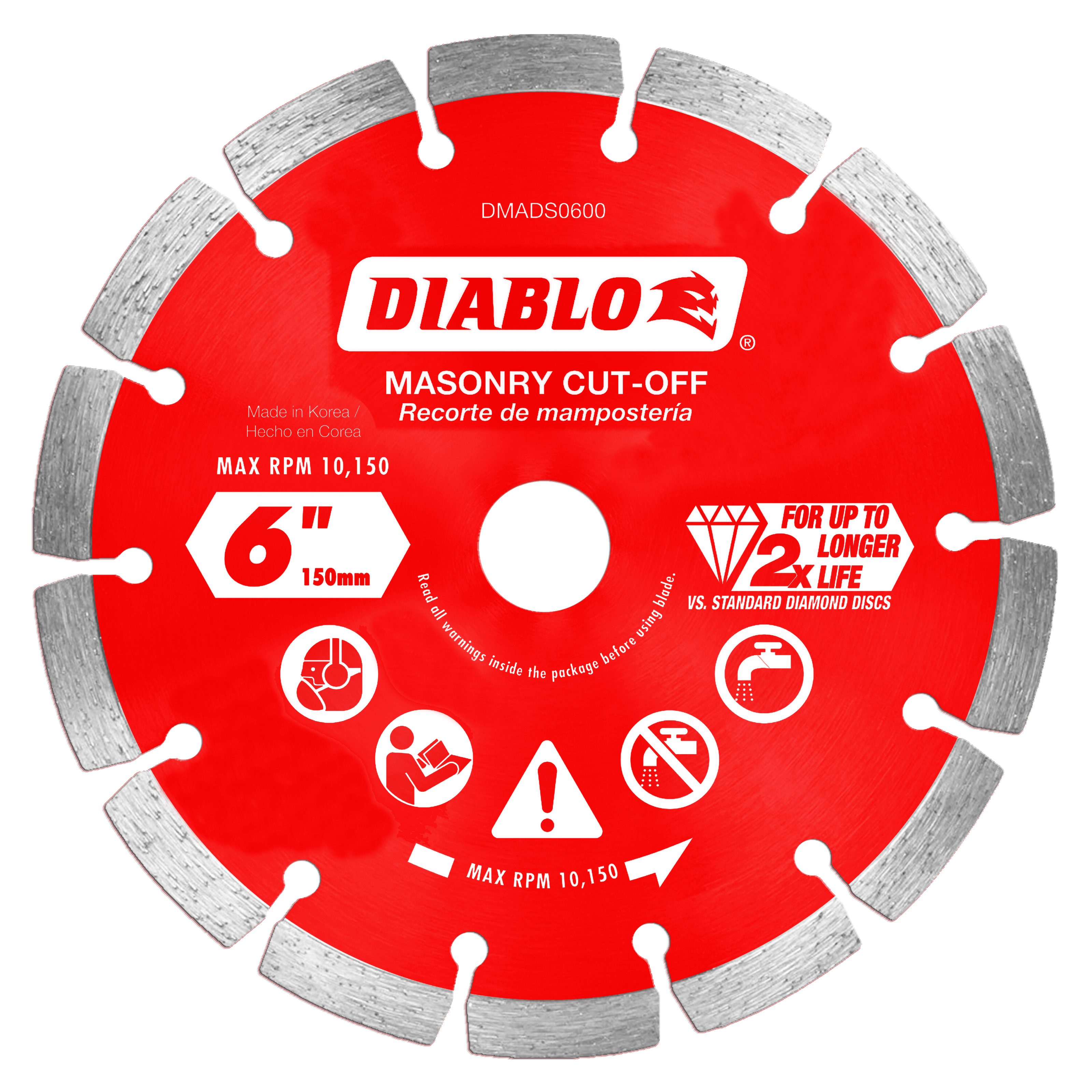 Red Diablo masonry cut-off disc with gray segmented diamond edge and center arbor hole.