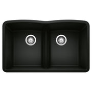 Coal black 32-inch double bowl kitchen sink with low divide and chrome drain fixtures.