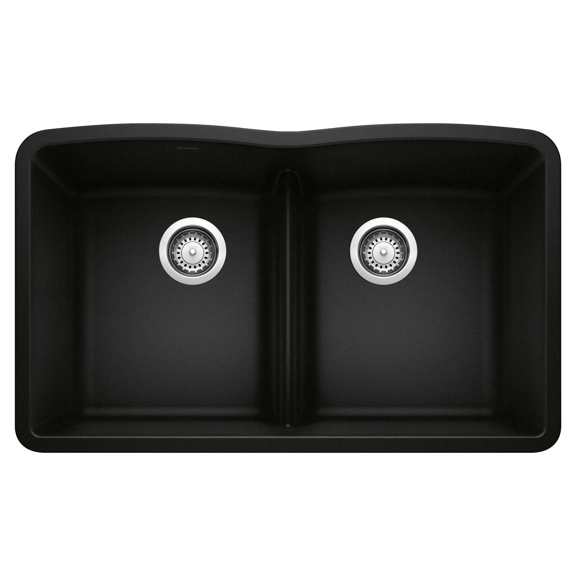 Coal black 32-inch double bowl kitchen sink with low divide and chrome drain fixtures.