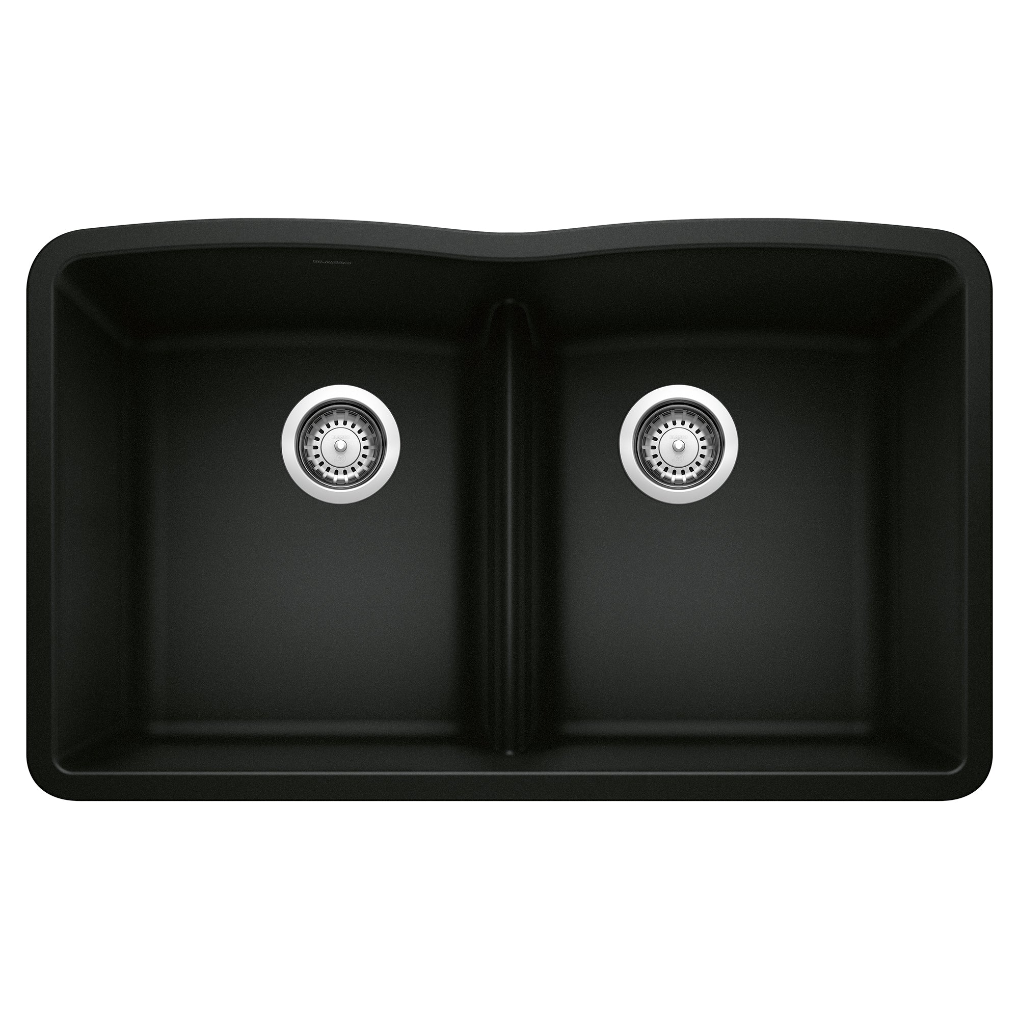 Coal black 32-inch double bowl kitchen sink with low divide and chrome drain fixtures.