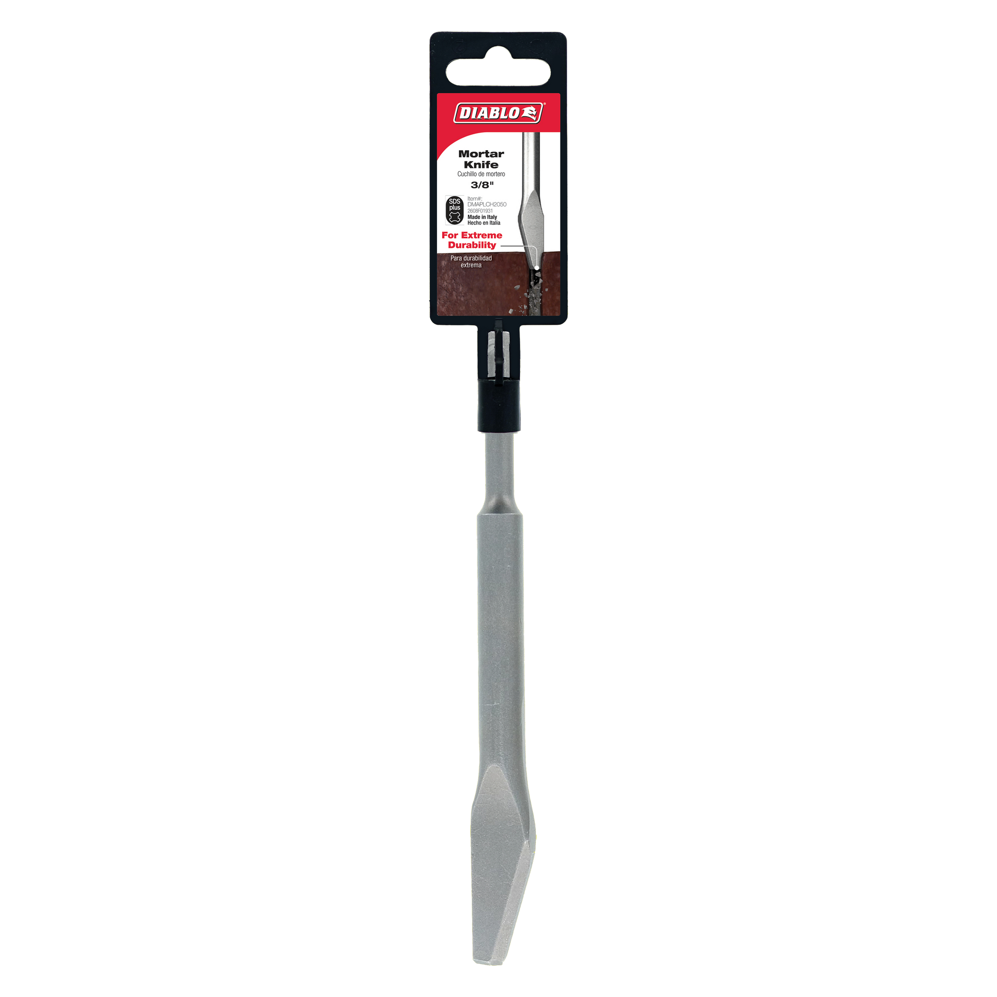Diablo 3/8 inch SDS-Plus mortar knife with gray steel blade and black grip, displayed with red and black packaging.
