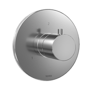 Polished chrome round shower diverter trim with cylindrical knob and two outlet ports labeled 1 and 2.