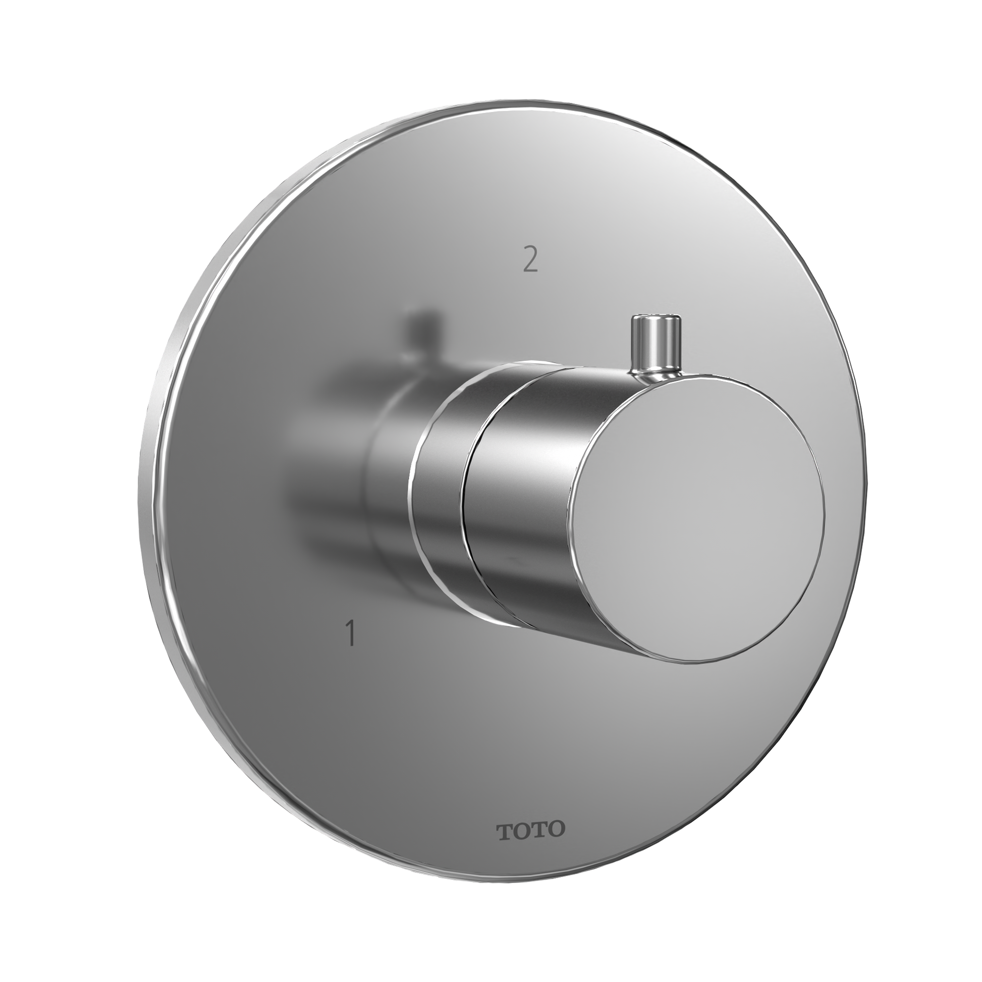 Polished chrome round shower diverter trim with cylindrical knob and two outlet ports labeled 1 and 2.