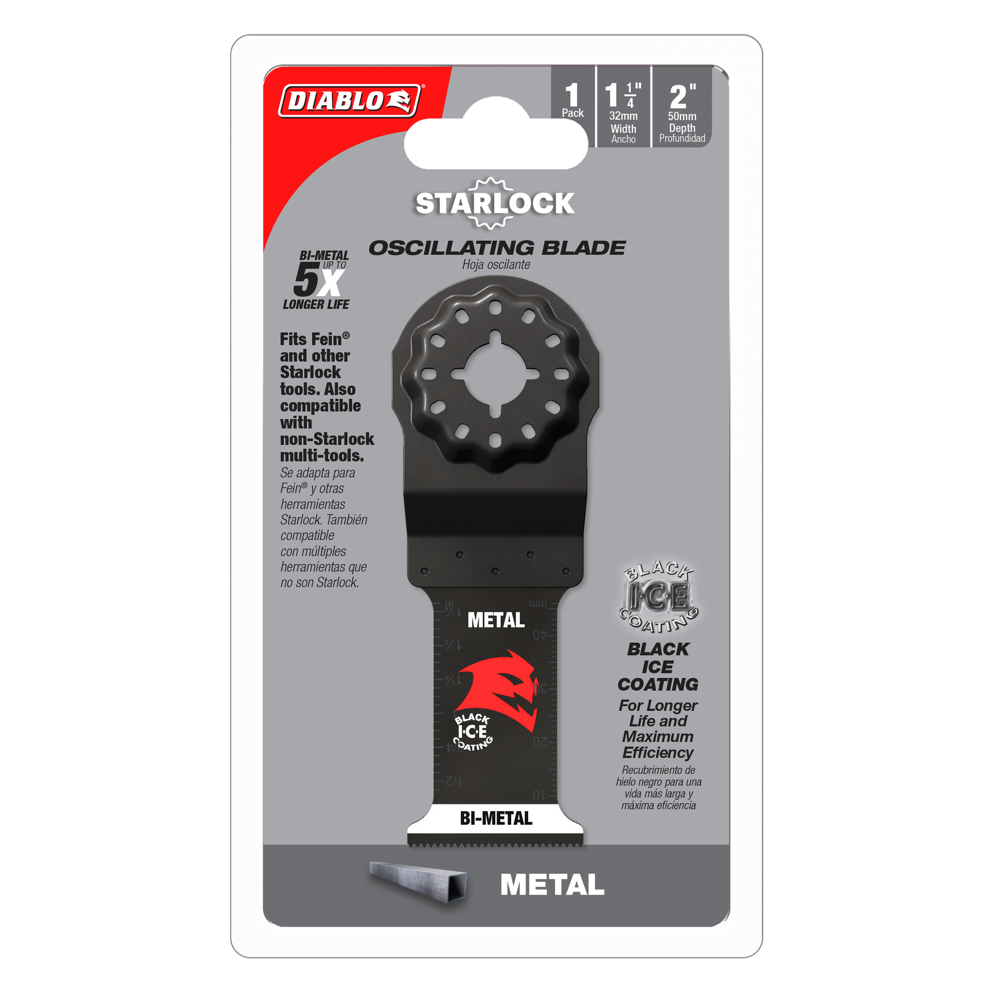 Diablo Starlock bi-metal oscillating blade with black ice coating for metal cutting in 1-1/4 inch width.