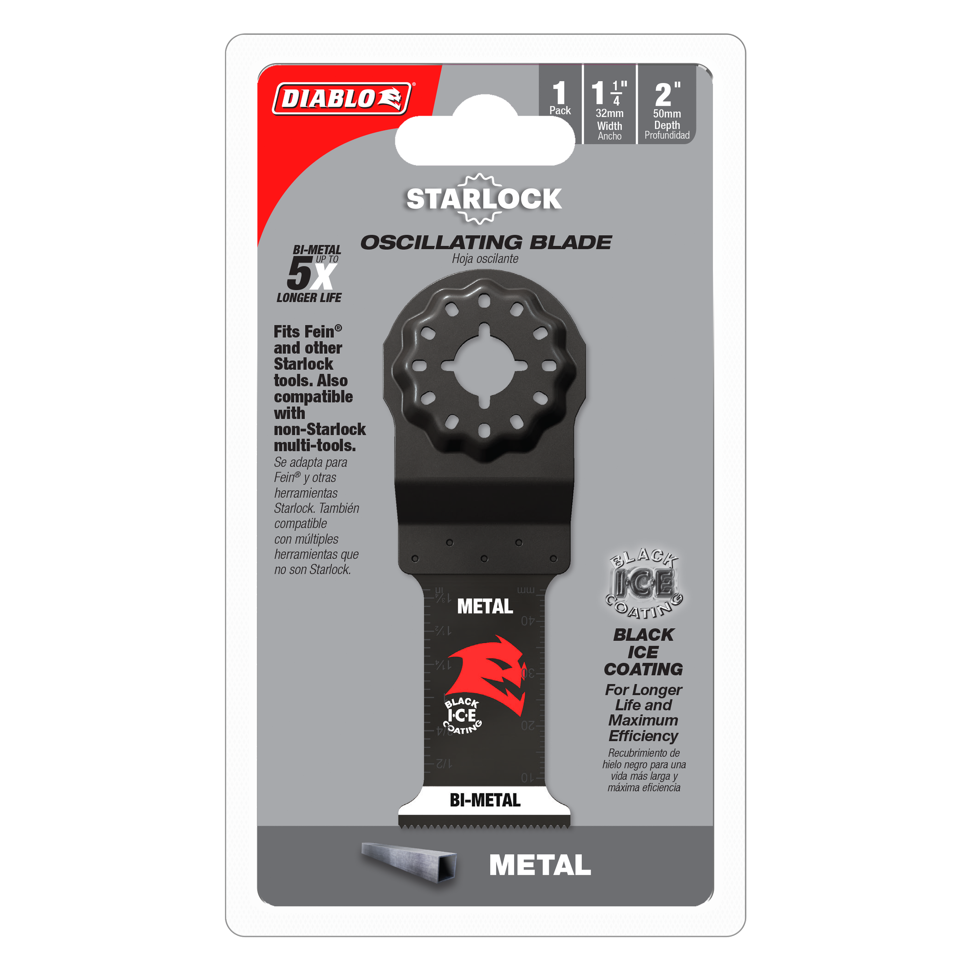 Diablo Starlock bi-metal oscillating blade with black ice coating for metal cutting in 1-1/4 inch width.
