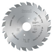 Circular saw blade with alternating teeth and scoring edges, labeled Freud DLI16MAAH6, 120mm diameter, rated 18000 RPM maximu