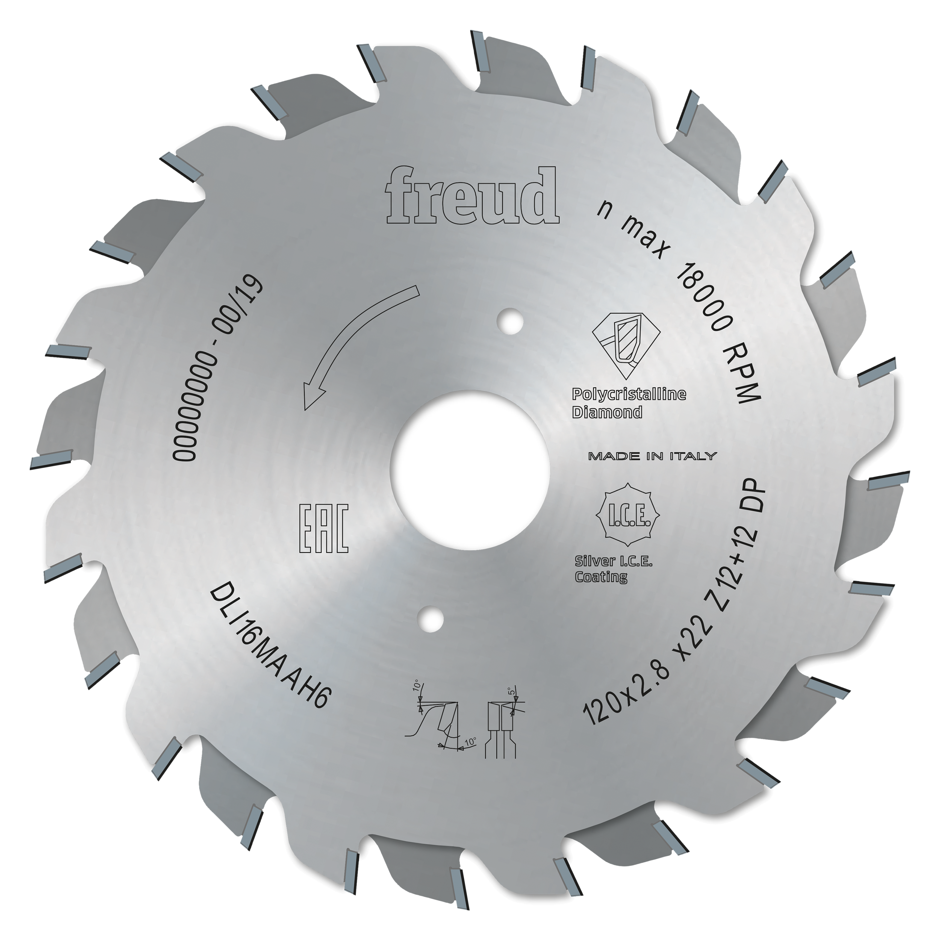 Circular saw blade with alternating teeth and scoring edges, labeled Freud DLI16MAAH6, 120mm diameter, rated 18000 RPM maximu