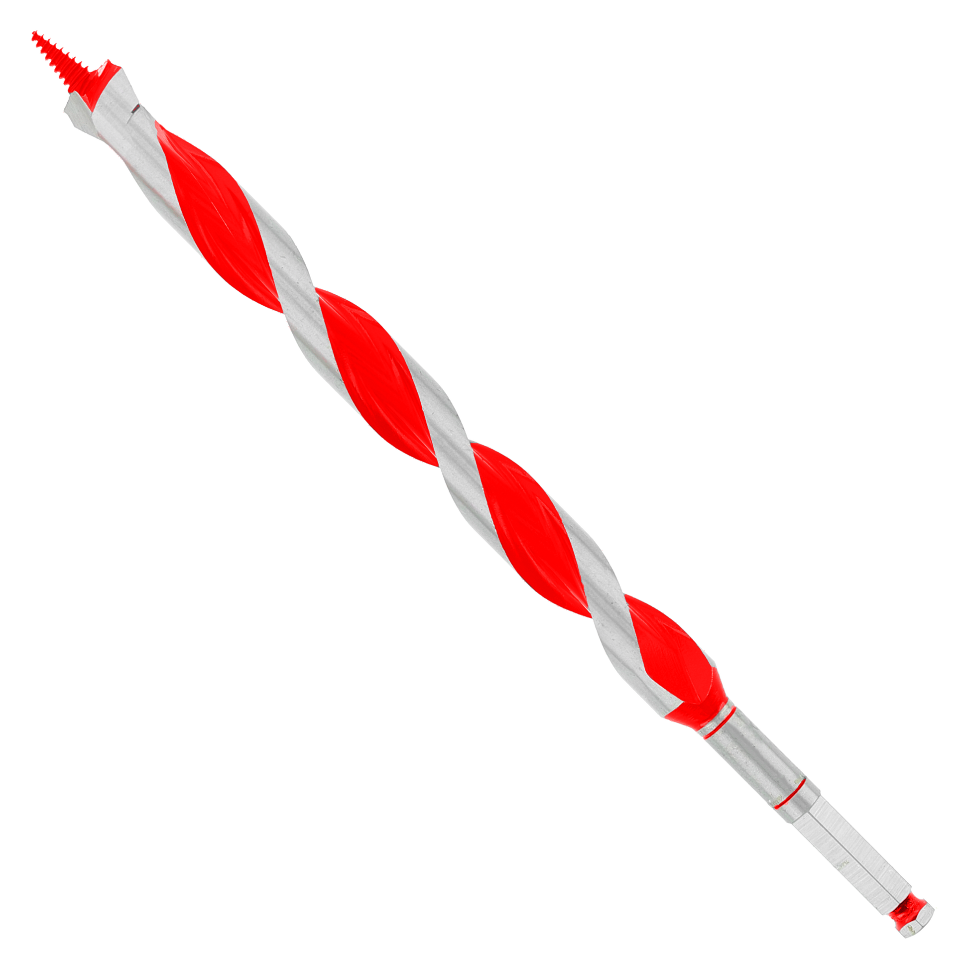 Red and gray auger bit with spiral flutes and pointed tip for wood drilling.