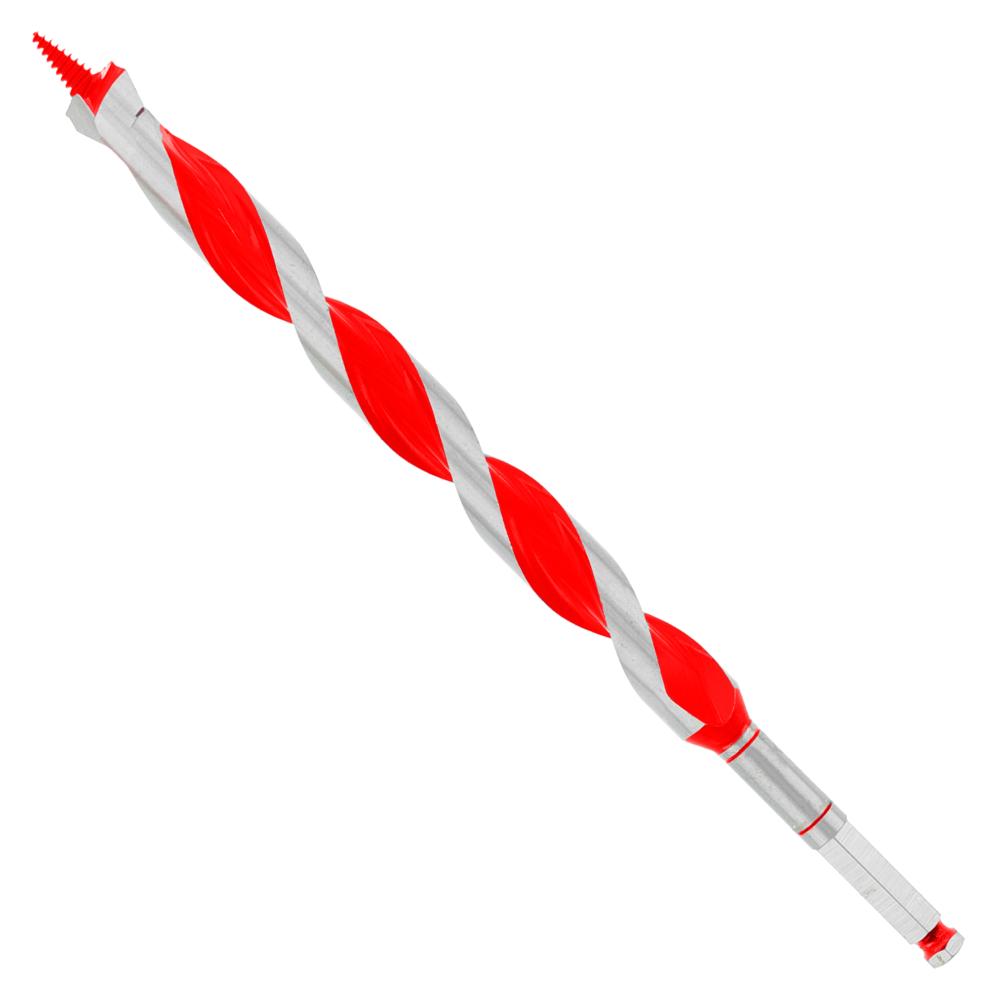 Red and gray auger bit with spiral flutes and pointed tip for wood drilling.