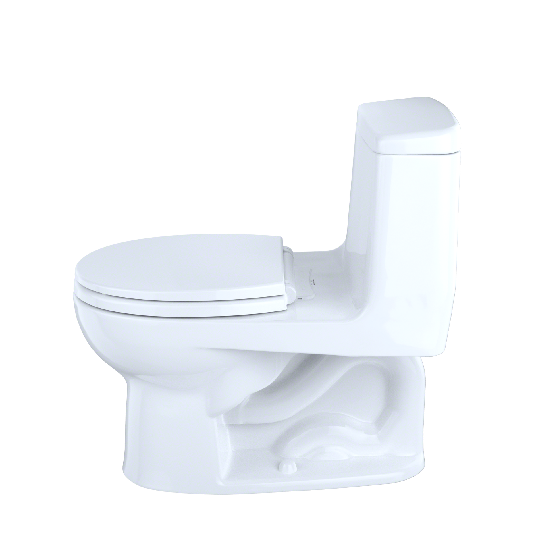 White one-piece round toilet with soft-close seat and integrated tank.