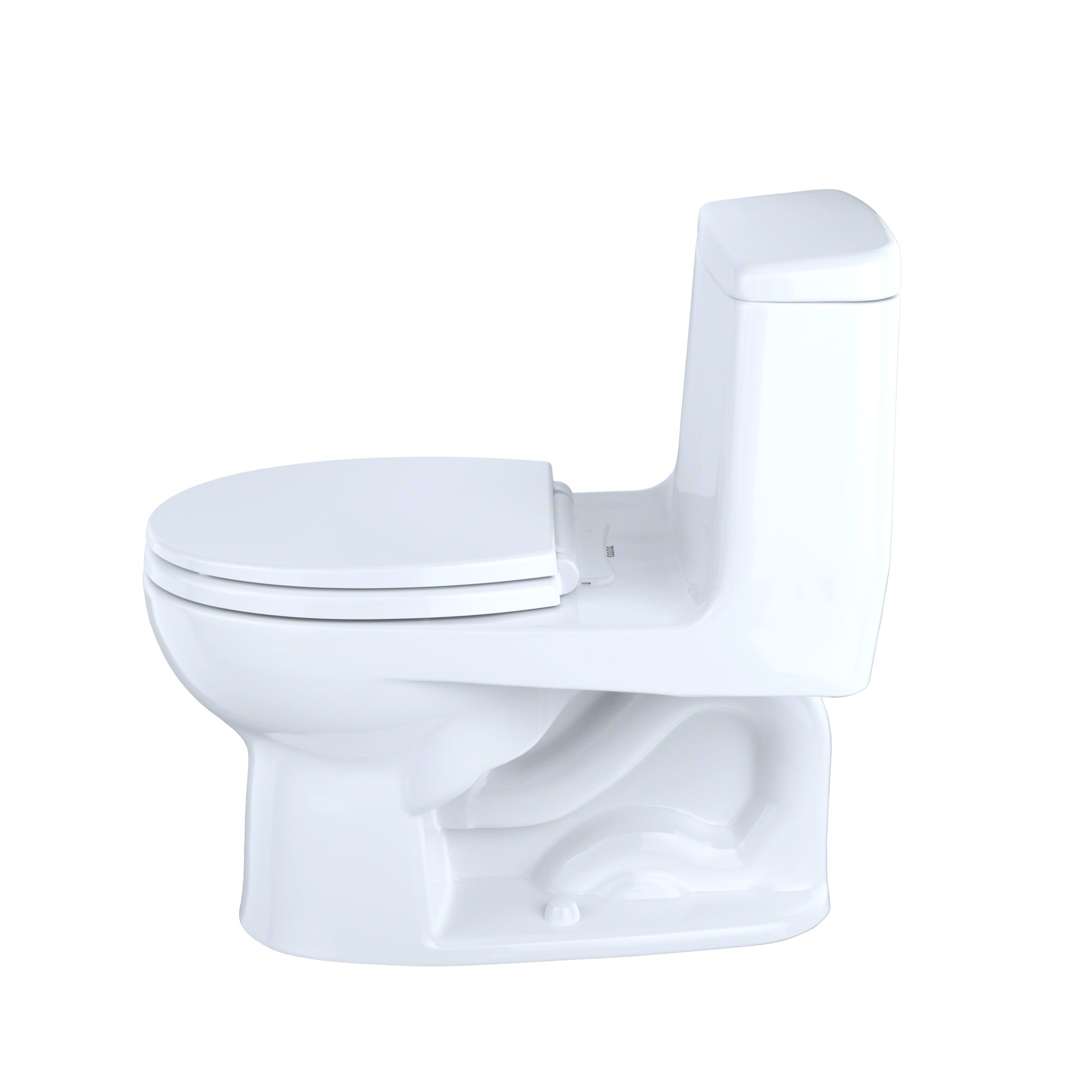 White one-piece round toilet with soft-close seat and integrated tank.