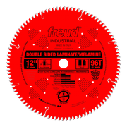 Red circular saw blade with 96 teeth, 12-inch diameter, white teeth around perimeter, Freud branding and specifications print
