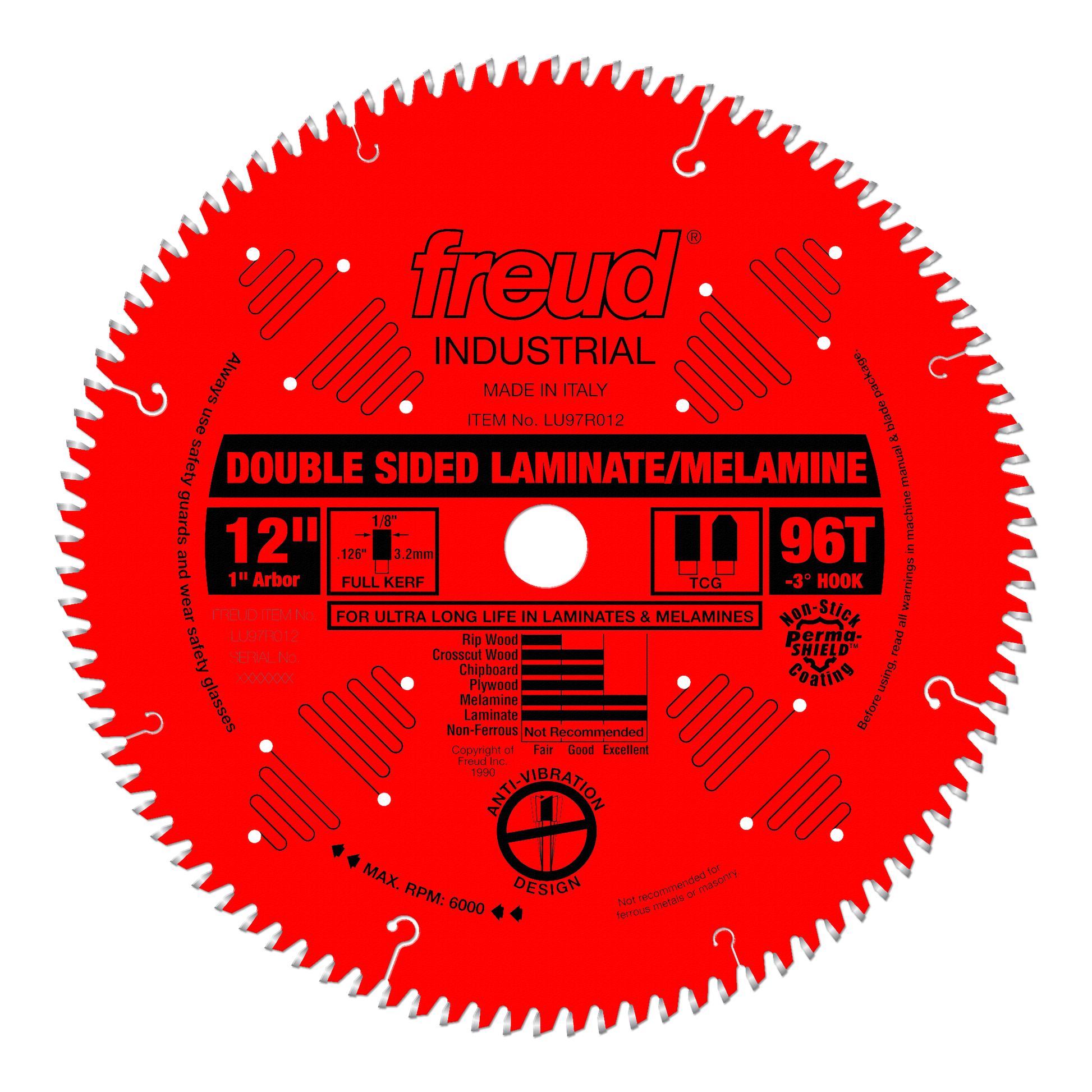 Red circular saw blade with 96 teeth, 12-inch diameter, white teeth around perimeter, Freud branding and specifications print