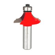 Freud router bit with red cutting head, silver shank, and black bearing collar for table edge profiling.